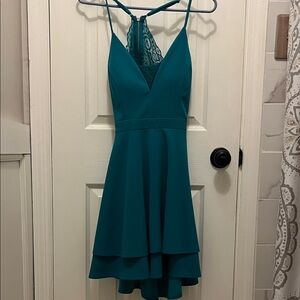 Emerald Sundae Teal Lace-Back V-Neck Tiered Mini Dress